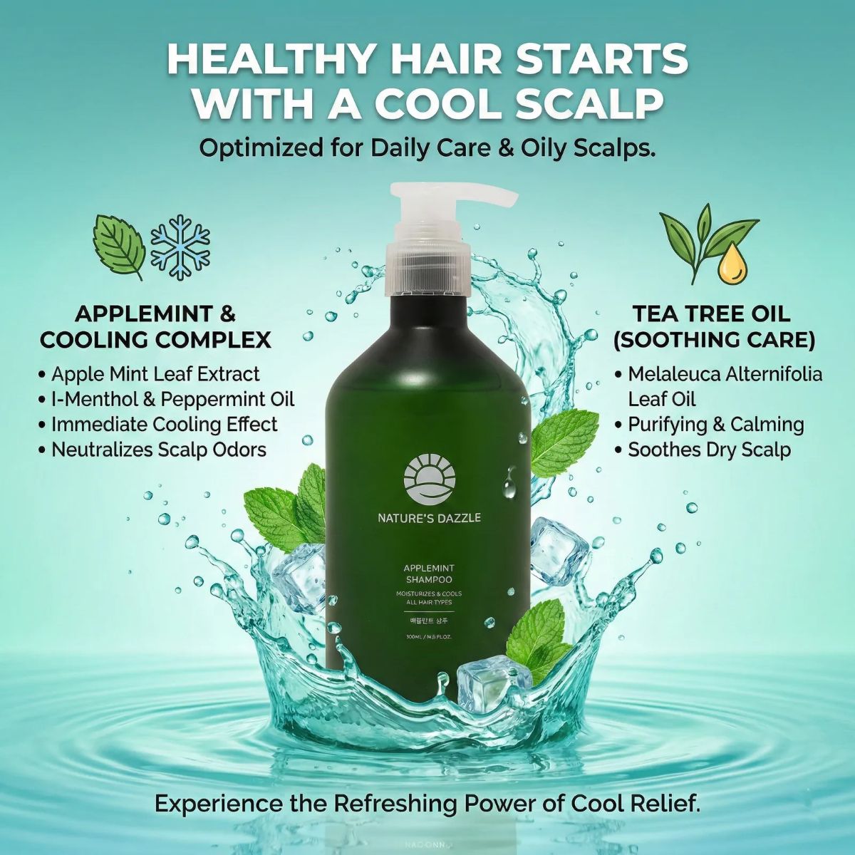 Nature's Dazzle Applemint Shampoo infographic highlighting Tea Tree Oil and Peppermint benefits for oily scalps and cooling relief