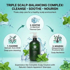 Nature's Dazzle Applemint Shampoo with scalp care steps on a green background