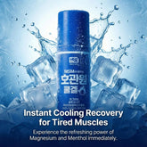 Blue bottle with ice cubes and water splashes on a blue background, promoting instant cooling recovery.