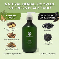 Green bottle of shampoo with natural ingredients and brand name on a light green background