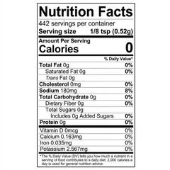 Nutrition Facts for K-Lava Bamboo Salt: 0 Calories and 180mg Sodium per 1/8 tsp serving