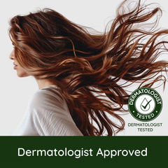 Woman with long, flowing hair with a Dermatologist Tested logo and 'Dermatologist Approved' text.