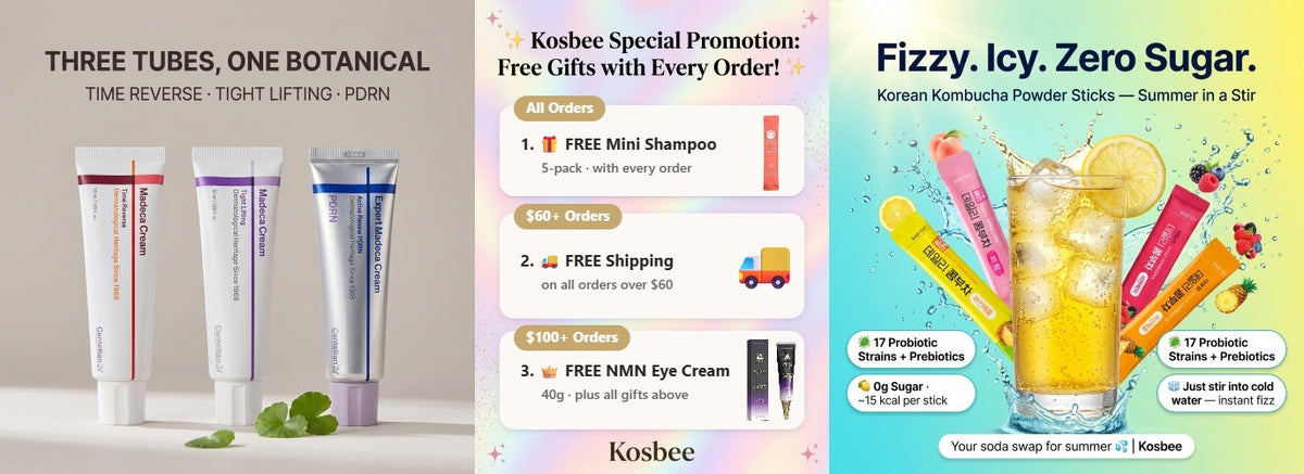 Kosbee free gifts: free mini shampoo with every order, free shipping over $60, free NMN eye cream over $100