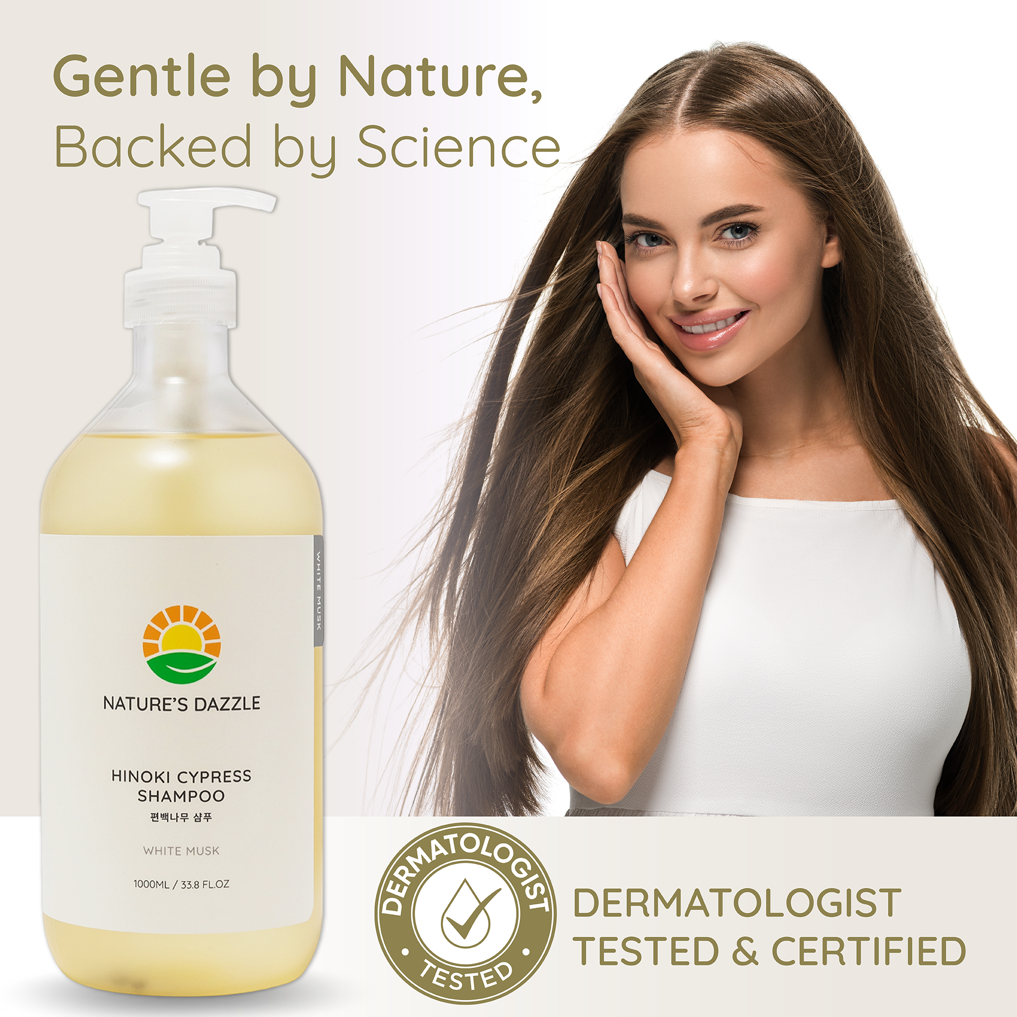 Shampoo bottle with a woman and 'Gentle by Nature, Backed by Science' text on a white background