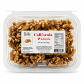 A clear container of Herb & Honey California Walnuts showing premium light halves and pieces, 10oz pack.