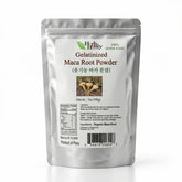 Front view of Herb & Honey Gelatinized Organic Maca Root Powder 7oz (198g) silver pouch packaging on a white background.