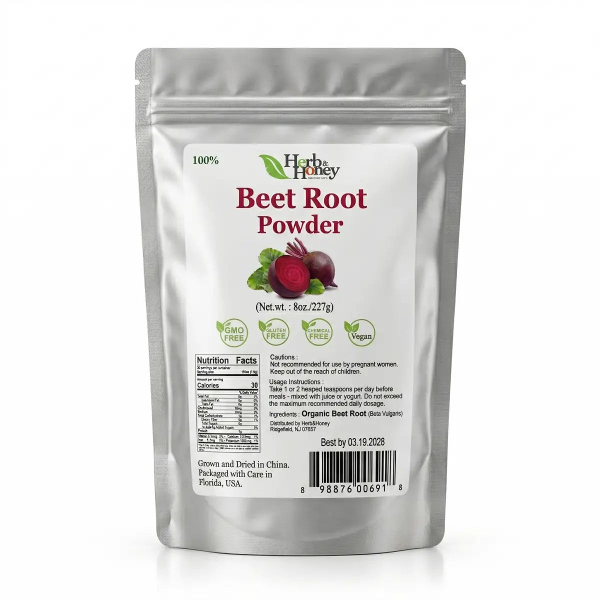 Front view of Herb & Honey 100% Pure Beet Root Powder 8oz (227g) silver pouch packaging on a white background, featuring vegan and non-GMO labels.