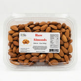 A clear container of Herb & Honey Raw Almonds, 12oz, featuring 100% US-grown unroasted almonds.