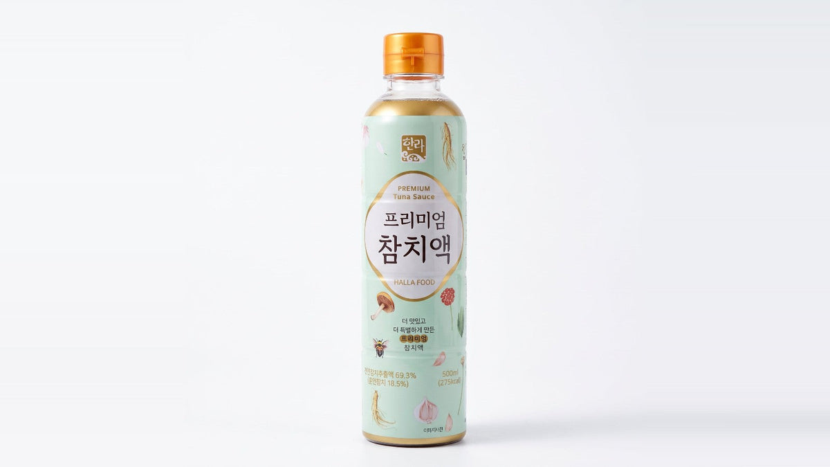 Halla Premium Korean tuna sauce (chamchiaek) 500 ml bottle with smoked tuna extract 69.3% on the label