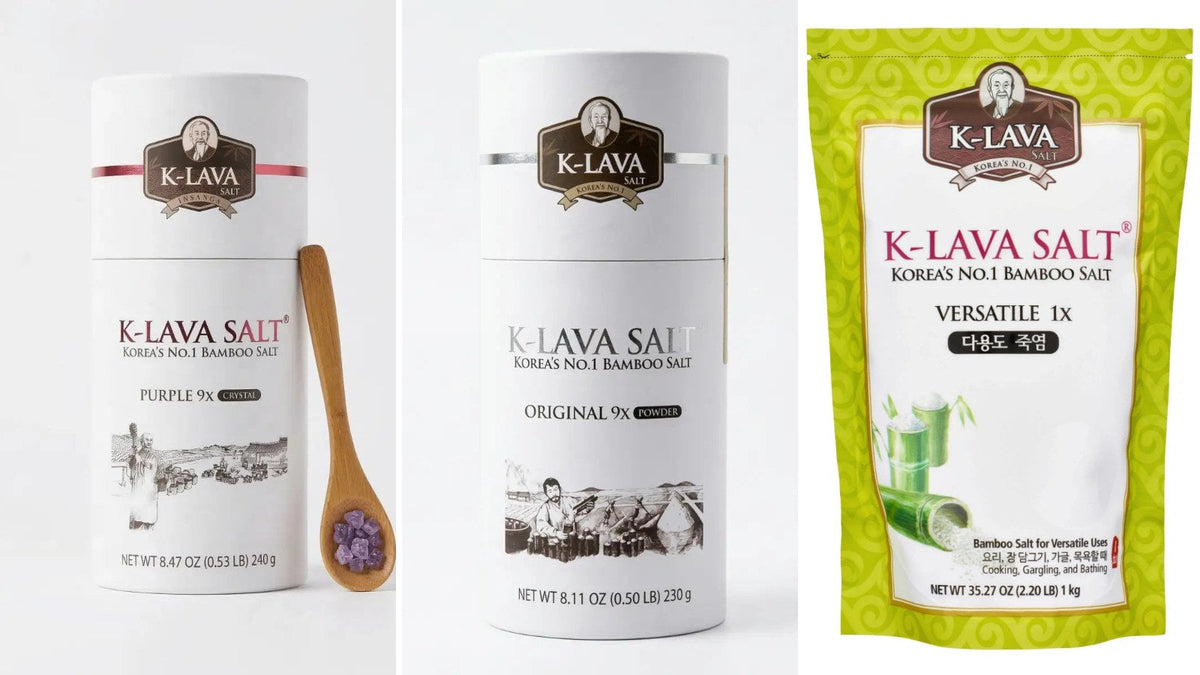 Korean bamboo salt grades: K-LAVA purple 9x crystals, original 9x powder and once-roasted 1 kg bag