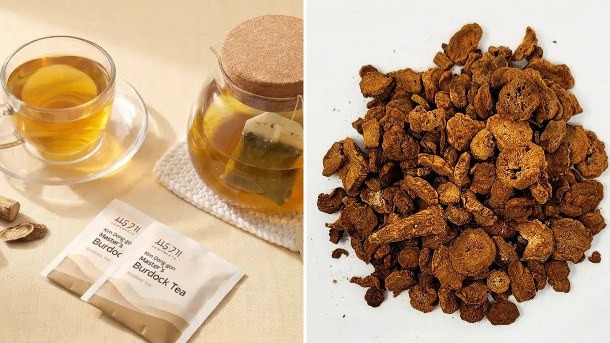 Korean burdock root tea (ueong-cha): Ssanggye tea bags brewed in glass, and roasted burdock slices