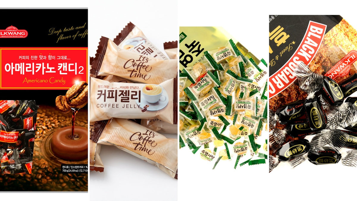 Korean candies: Ilkwang Americano coffee candy, coffee jelly, bamboo salt candy and black sugar candy