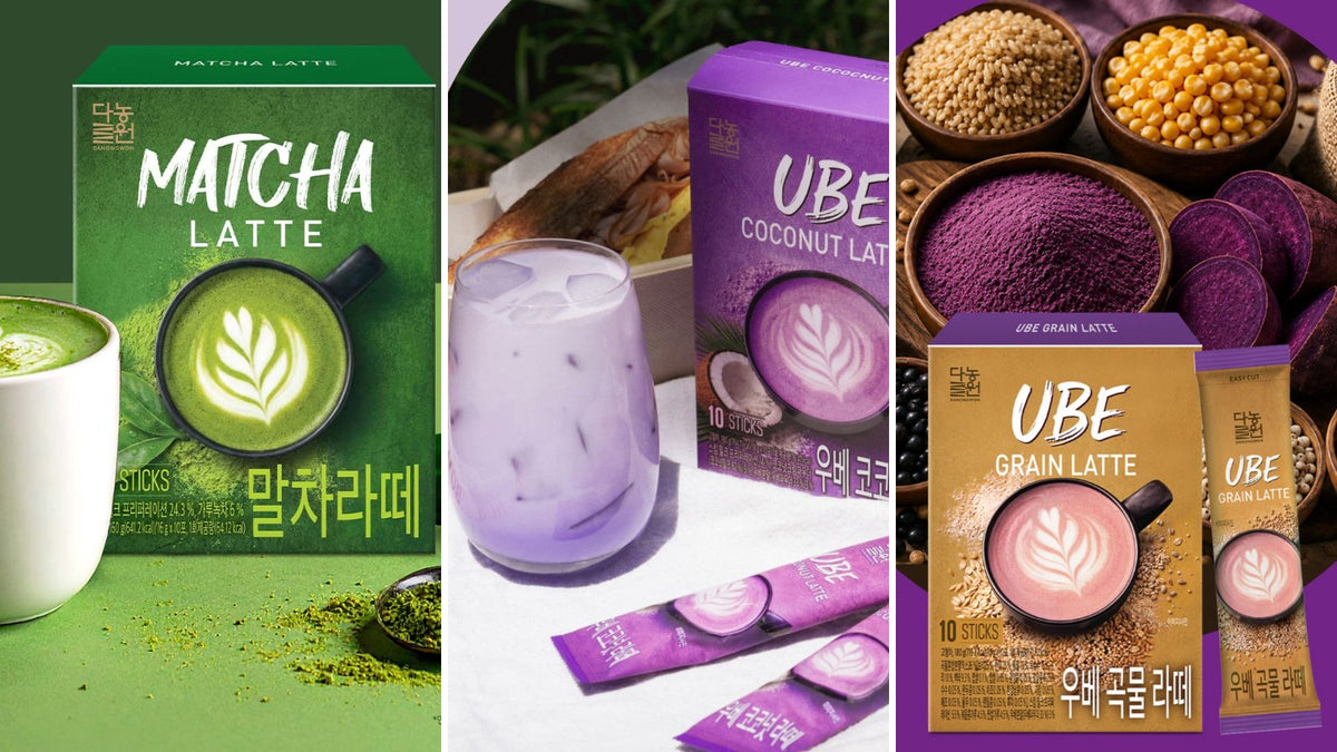 Danongwon Korean latte sticks: matcha latte with green tea cup, iced ube coconut latte and ube grain latte with grains