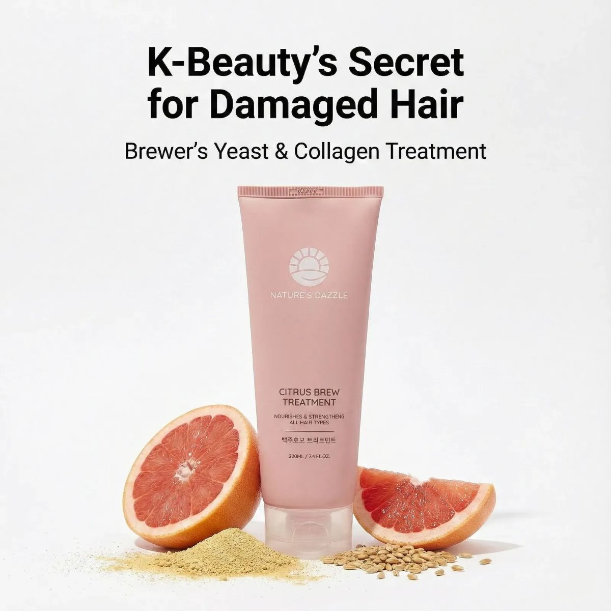 Nature’s Dazzle Hinoki Cypress Black Berry Shampoo 1000ml and Citrus Brew Treatment 220ml bottles on a bathroom shelf.