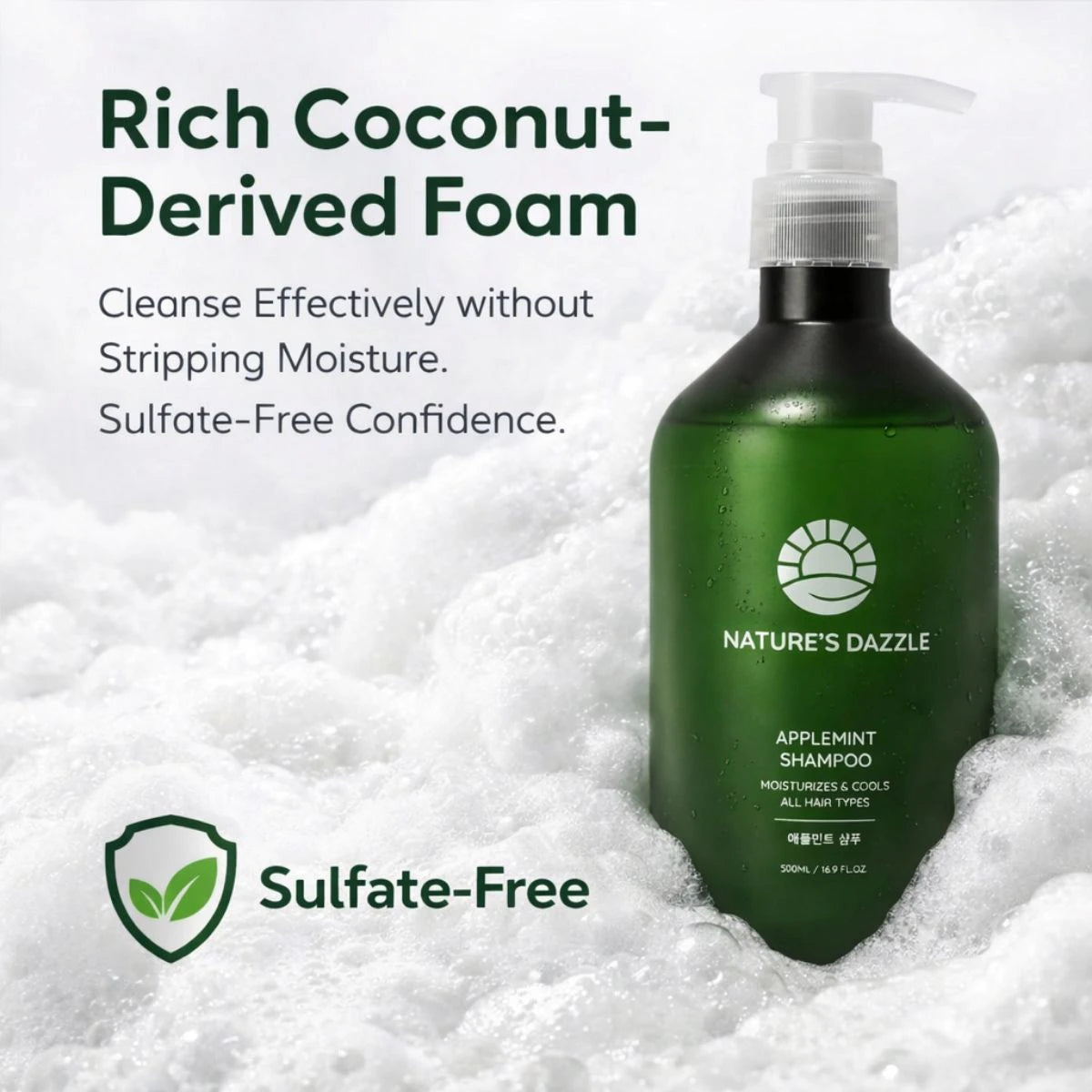 Nature's Dazzle Applemint Cool Relief Shampoo bottle with label, 16.9 fl oz, featuring fresh apple and mint ingredients for revitalizing hair.