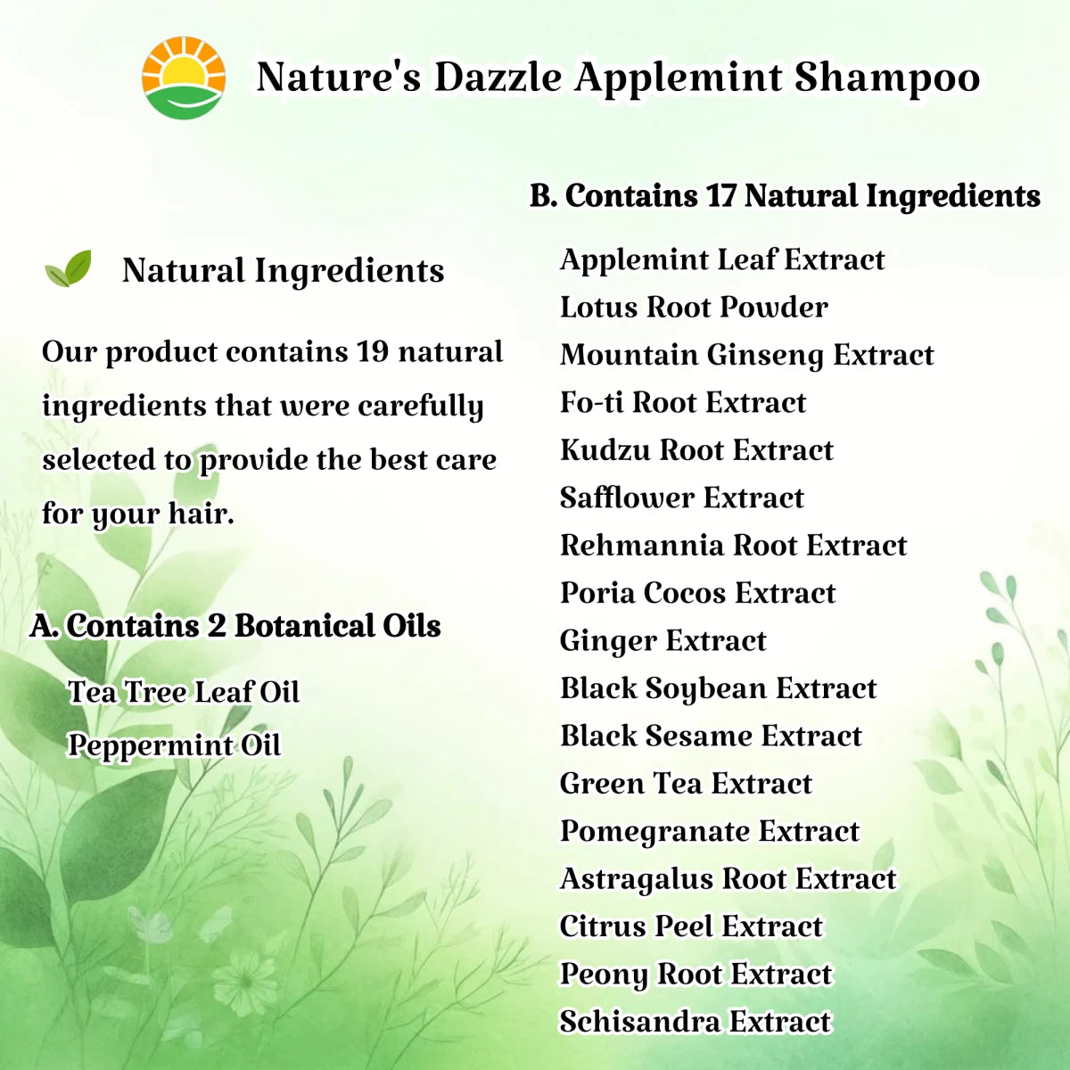 Nature's Dazzle New Applemint Cool Relief Shampoo bottle with label, 16.9 fl oz, featuring fresh apple and mint ingredients.