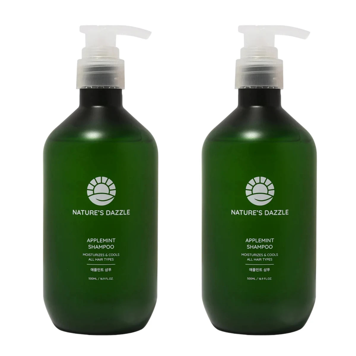 Nature's Dazzle Applemint Cool Relief Shampoo bottle with mint leaves and apple imagery, showcasing fresh, invigorating hair care.