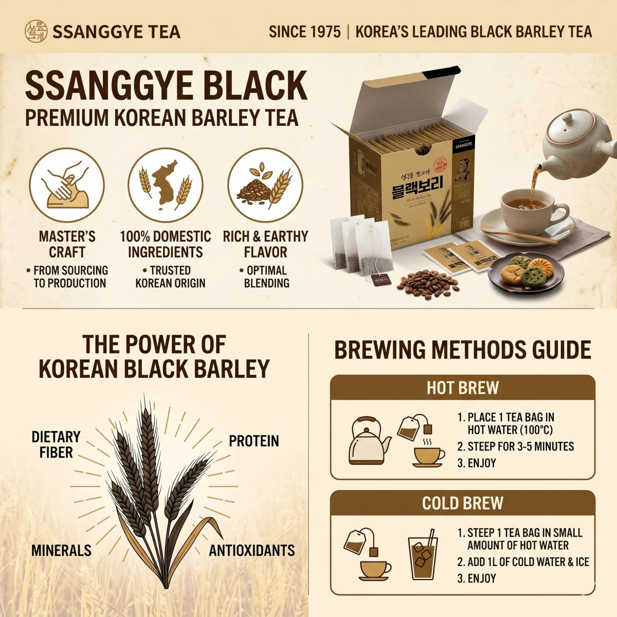 Ssanggye Black Barley Tea - Caffeine-Free Coffee Alternative - 40 Tea Bags