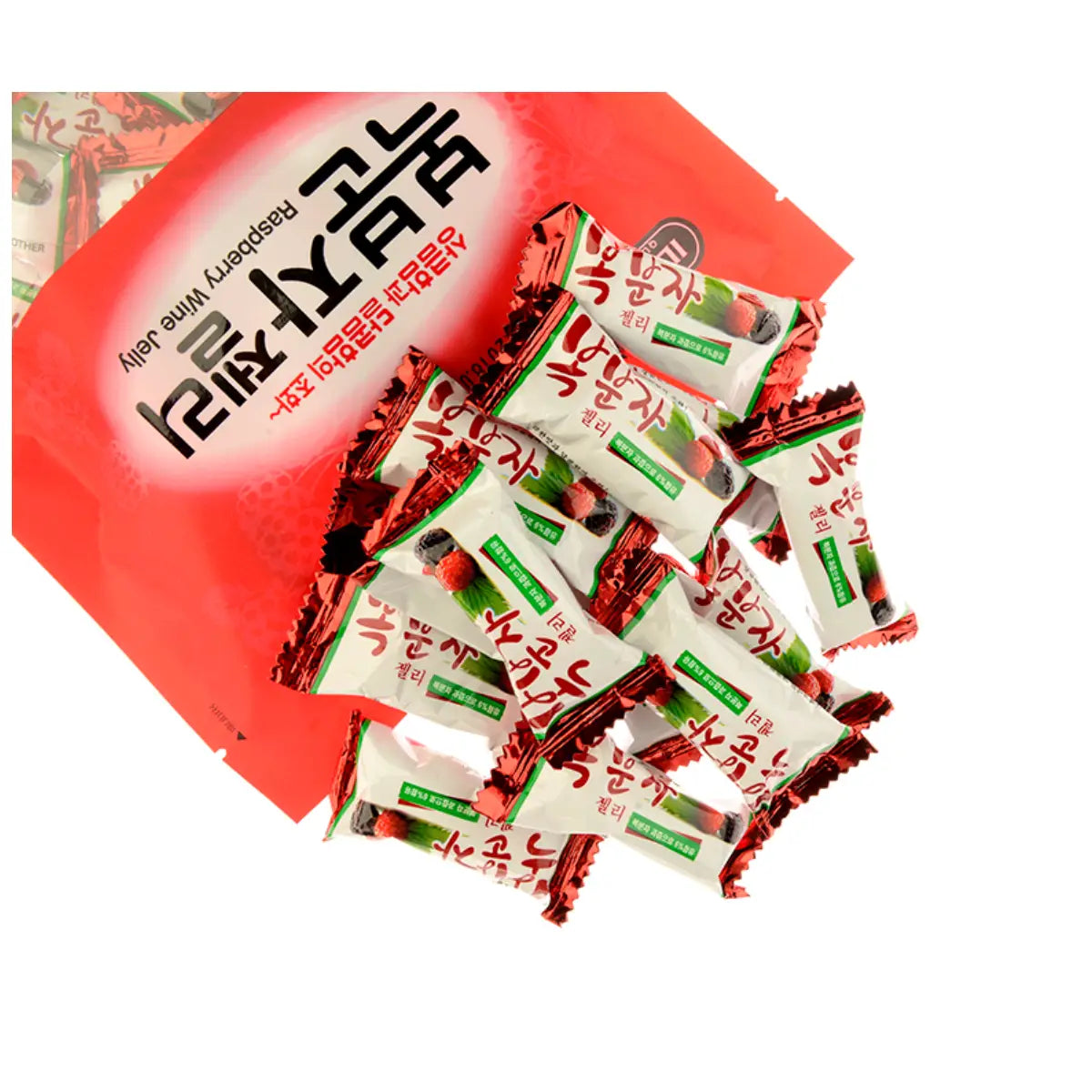 Korean Black Raspberry Jelly (복분자젤리) individually wrapped pieces spilling from the bag — Ilkwang, Product of Korea