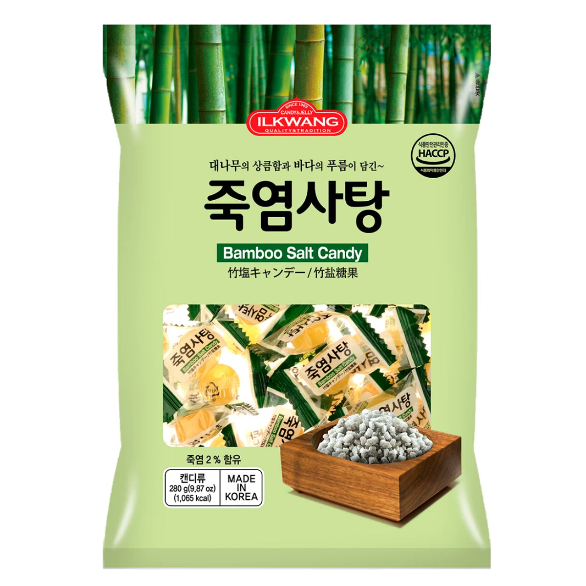 Packaging of Ilkwang Bamboo Salt Candy with bamboo stalks in the background