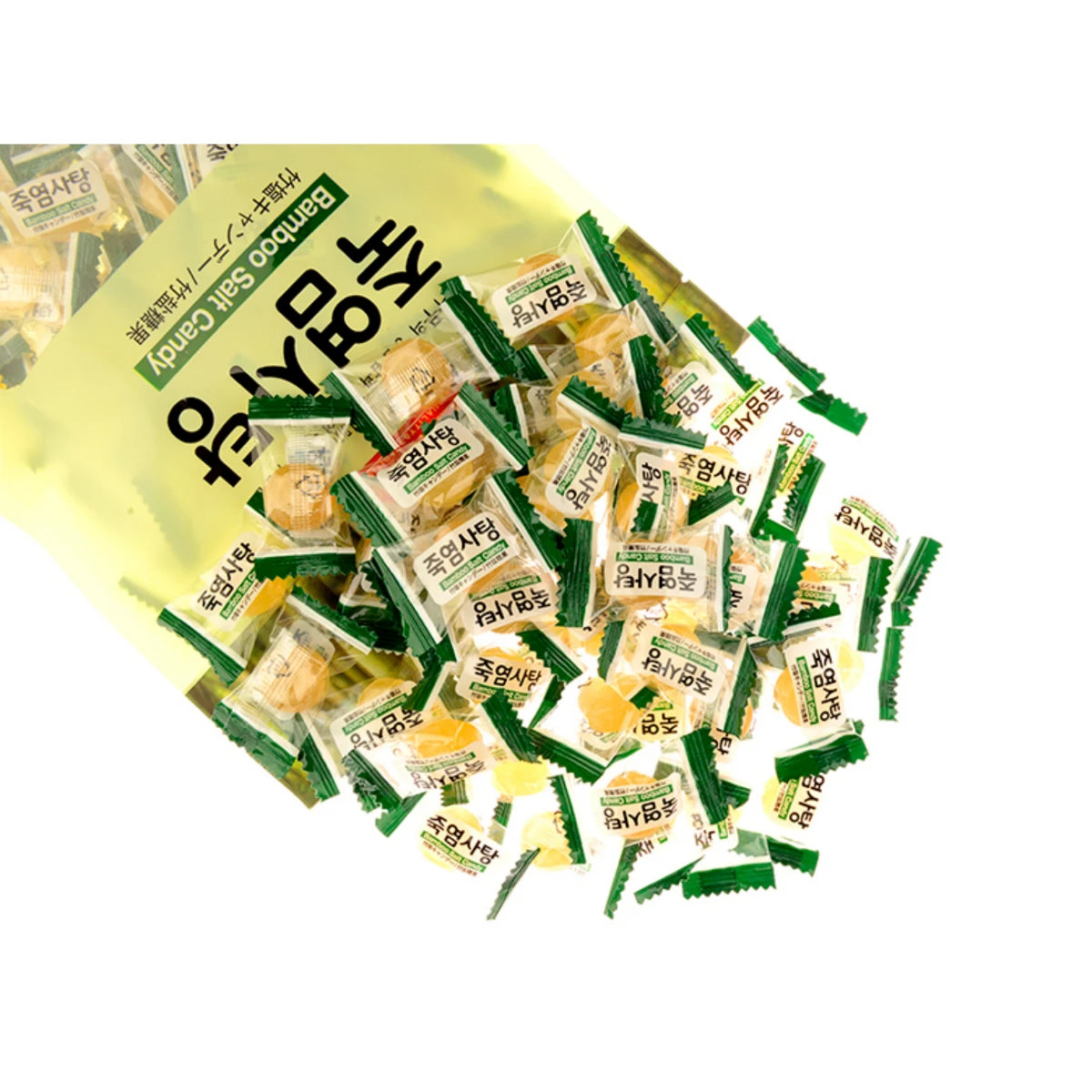 Small packages of snacks with Korean text on a white background