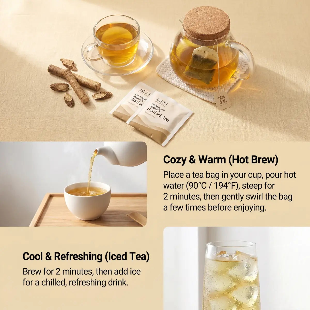 Tea bag steeping set on a warm beige surface, including a glass teapot with amber tea, a glass cup of tea, loose tea leaves, two single-serve tea bags, and instructional text showing hot brew and iced tea preparation.