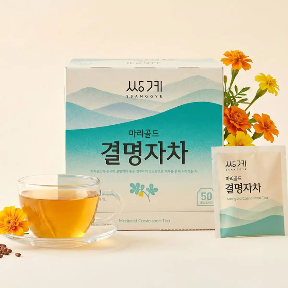 Korean marigold cassia seed tea (마리골드 결명자차) — Ssanggye 50 tea bag box with brewed golden cup and single sachet