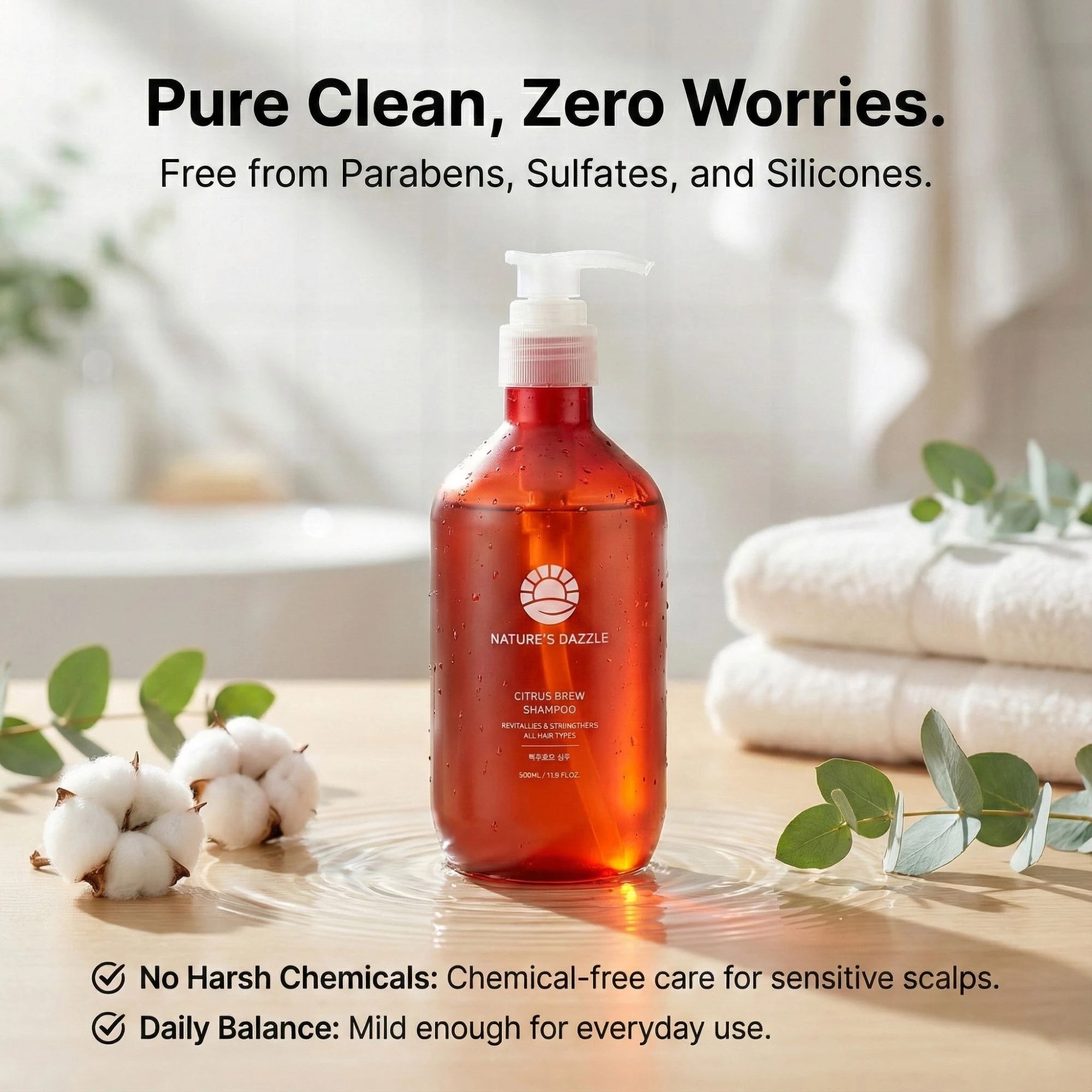 Nature’s Dazzle Citrus Brew Shampoo in a 16.9 oz bottle, featuring a citrus-scented formula for clean, shiny hair.