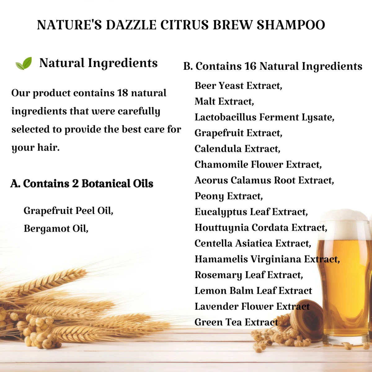 Bottle of Nature’s Dazzle Citrus Brew Shampoo with citrus fruit illustrations on the label, 16.9 oz size, natural hair care product