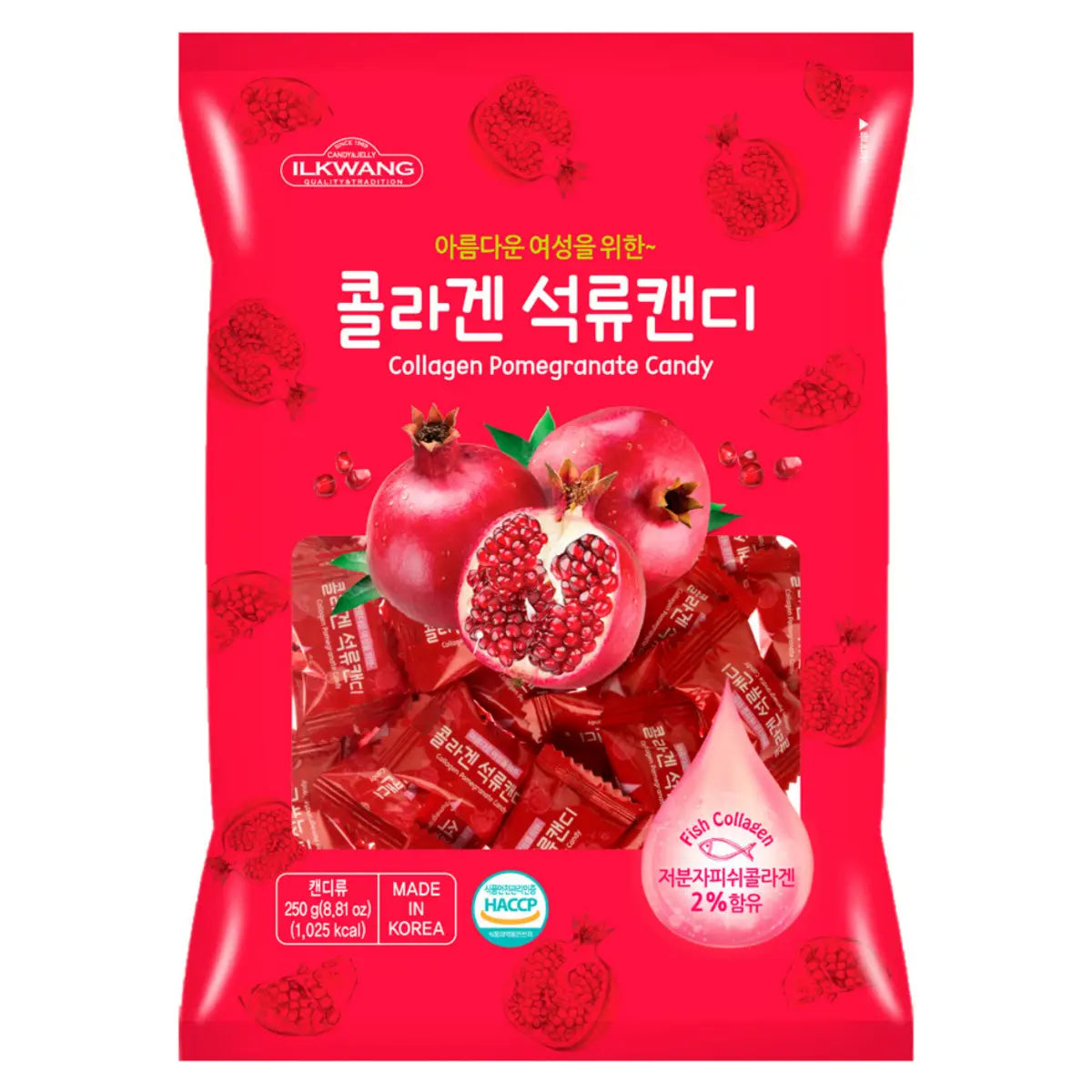 Kosbee Korean Collagen Pomegranate Candy individually wrapped hard drops in an 8.81 oz bag, made in Korea