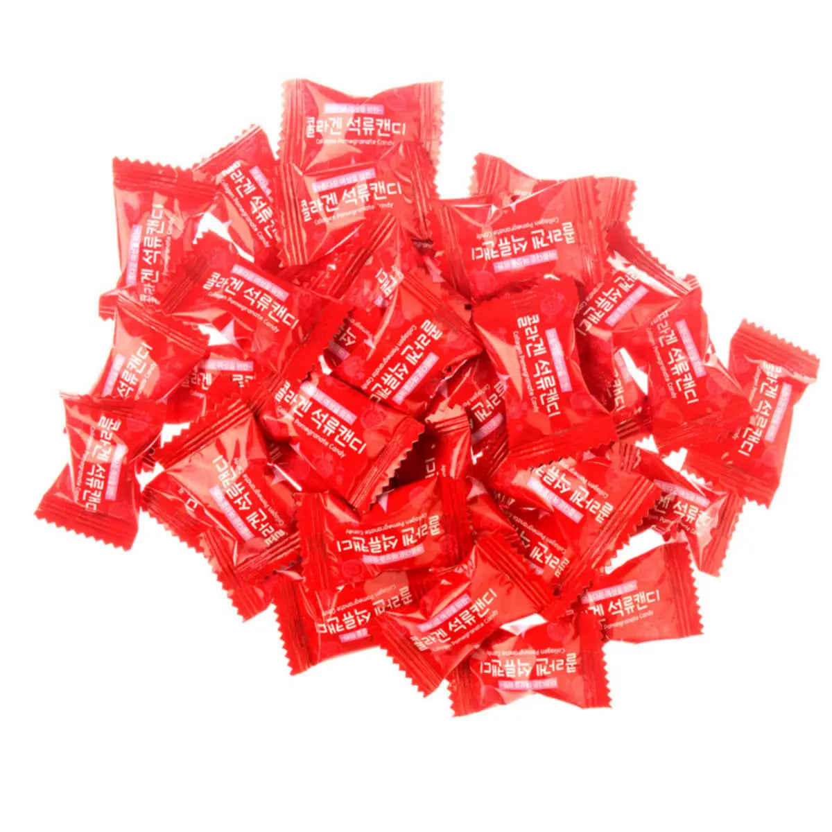 Close-up of red pomegranate hard candy made with fish collagen and real pomegranate concentrate