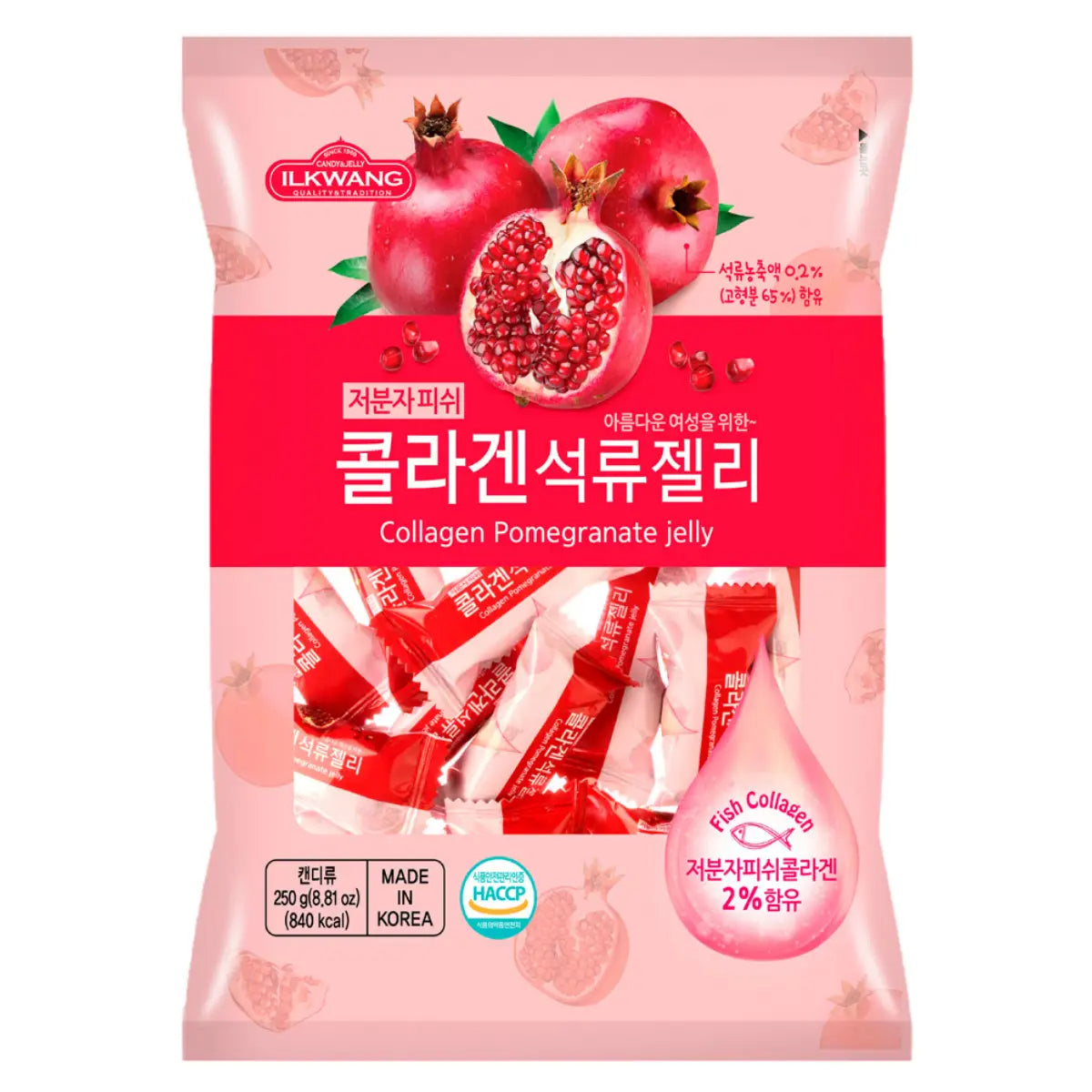 Korean Collagen Pomegranate Jelly by Ilkwang, chewy agar candy with real pomegranate, 8.81 oz bag