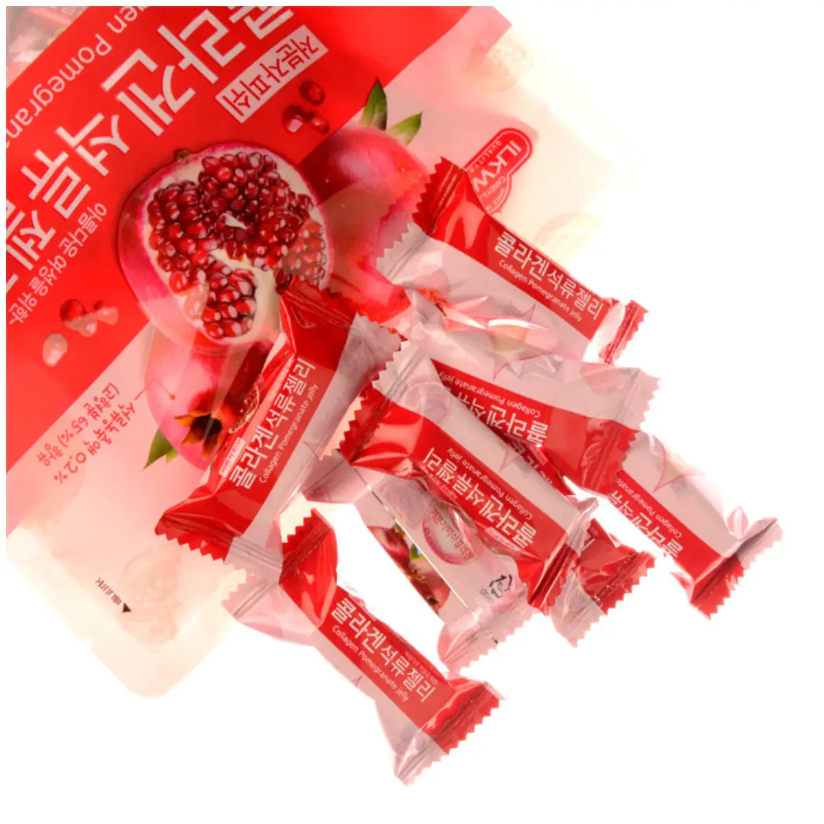 Close-up of Korean collagen pomegranate jelly pieces with a firm, chewy agar texture