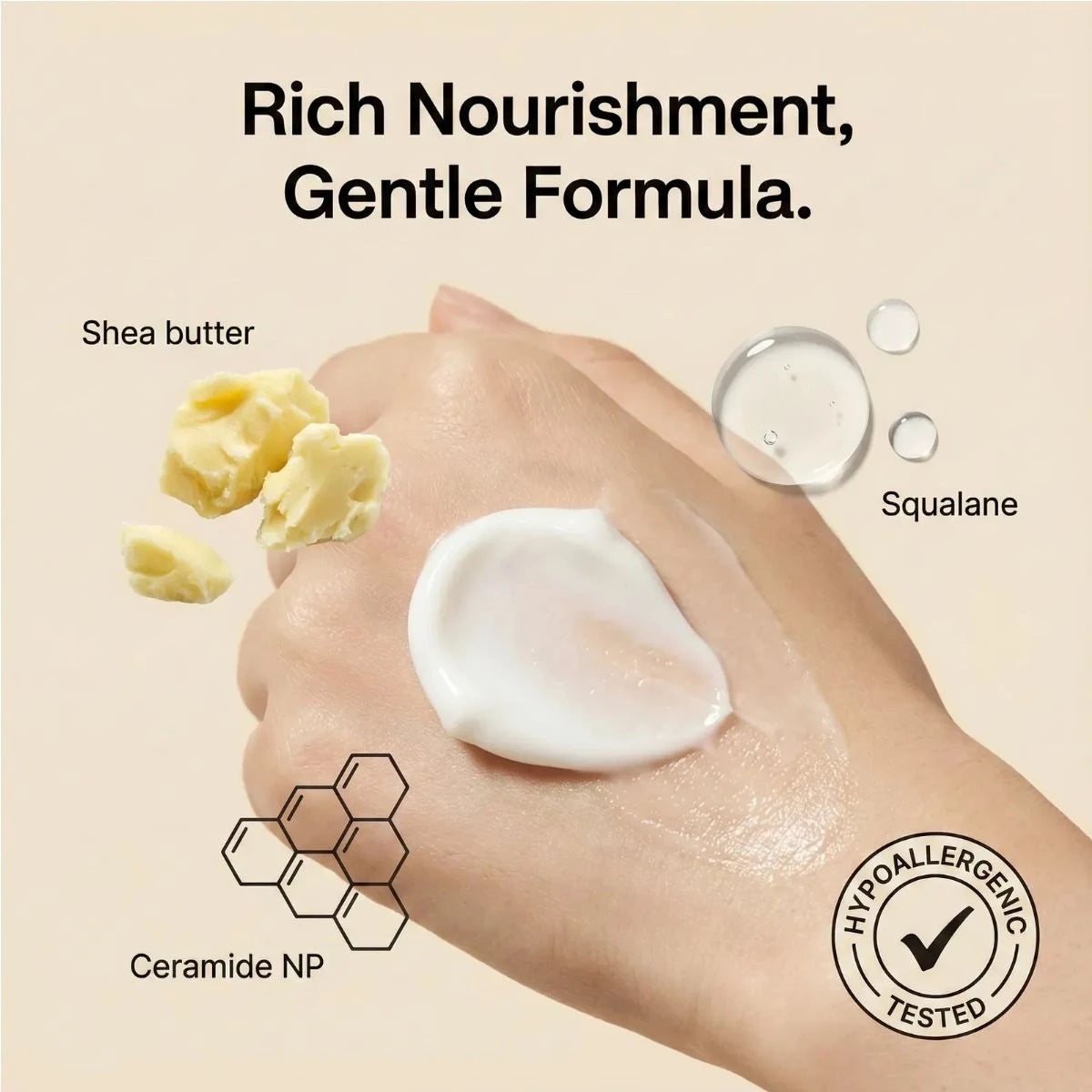 Hand applying cream with shea butter, squalane, and ceramide NP ingredients shown.