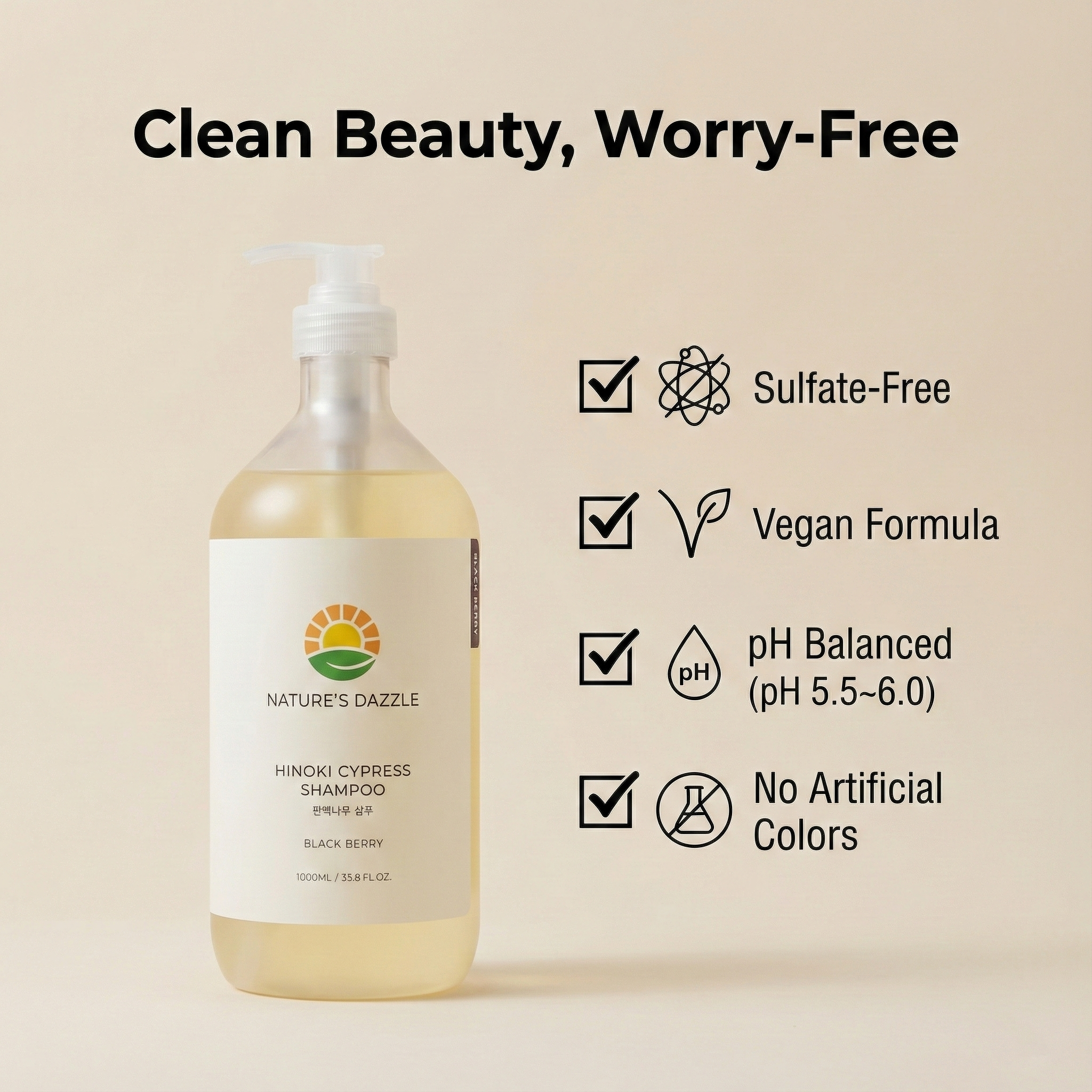 Nature’s Dazzle Hinoki Cypress Shampoo – Vegan, Sulfate-Free, Soothing & Nourishing for Scalp & Hair (1000mL / 33.8 oz)