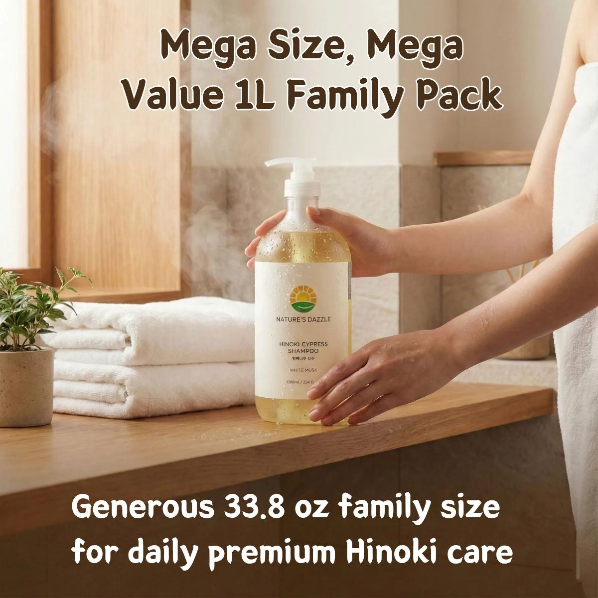 Nature’s Dazzle Hinoki Cypress Shampoo – Vegan, Sulfate-Free, Soothing & Nourishing for Scalp & Hair (1000mL / 33.8 oz)