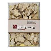 Sahm Canadian Premium Dried Ginseng Slices in a resealable bag, showing thin, light brown ginseng slices for vitamins and supplements.