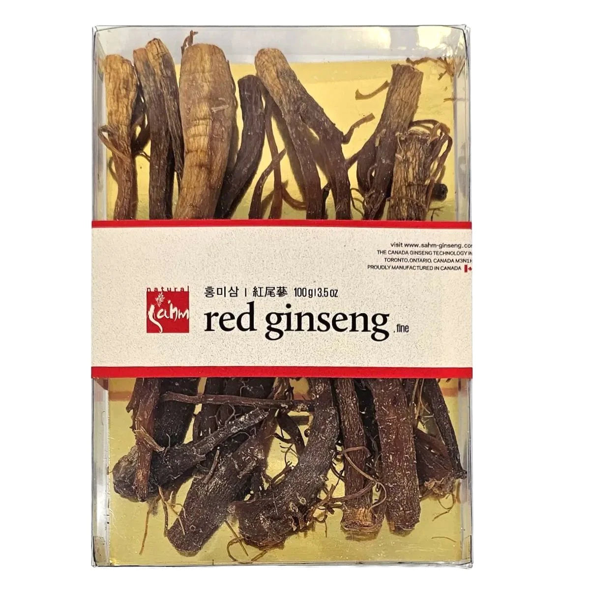 Dried red ginseng baby root supplement by Sahm, 3.5 oz, showing small reddish-brown ginseng roots ideal for vitamins and health boosts.