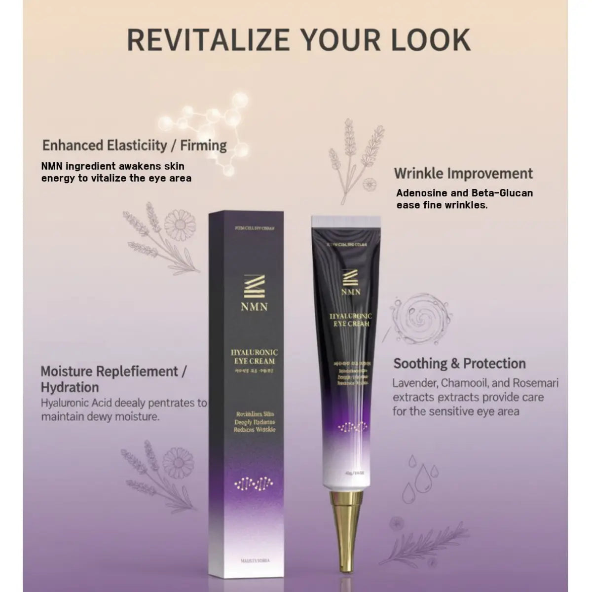 NMN eye cream with packaging on a light purple background