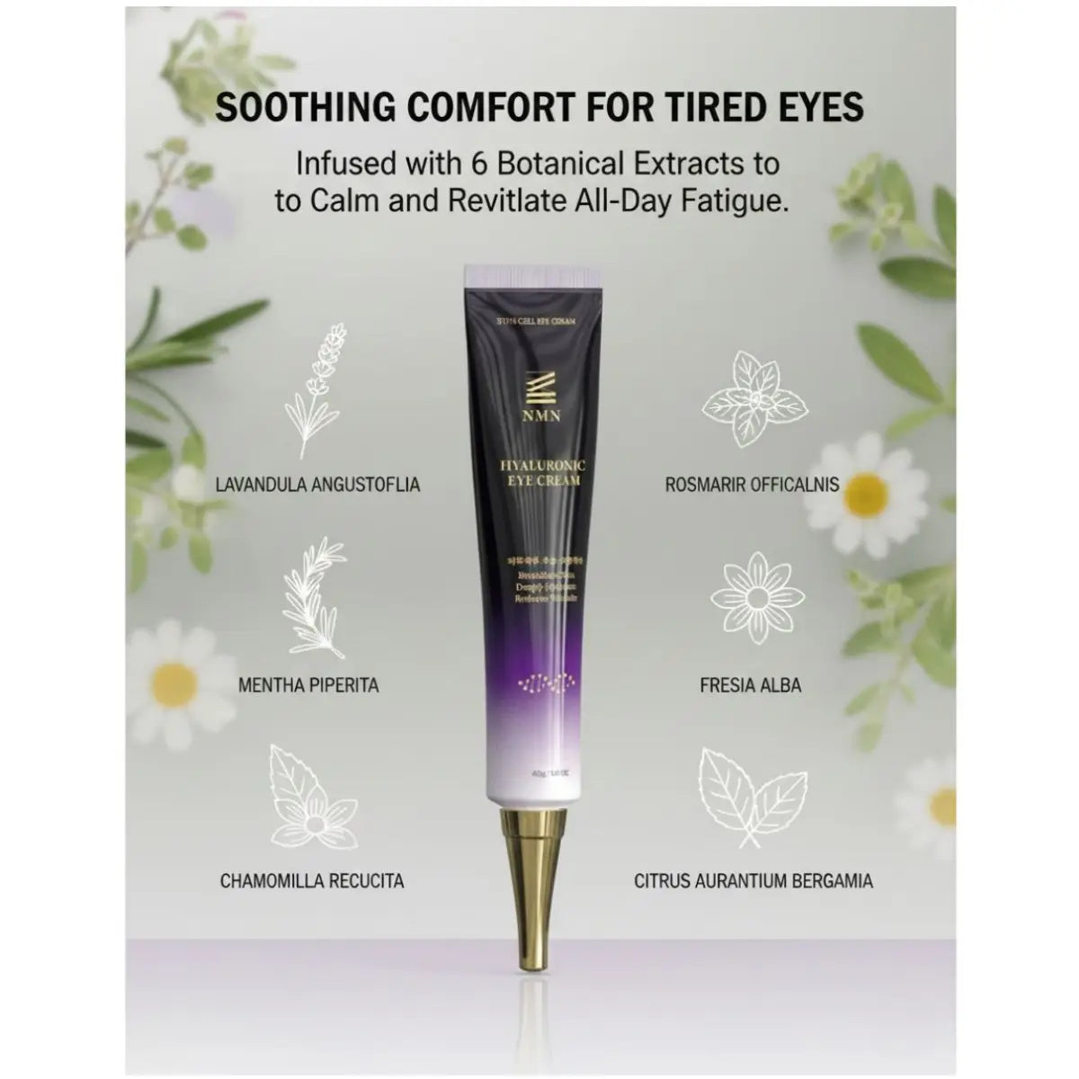 Eye cream tube with botanical extracts on a light background