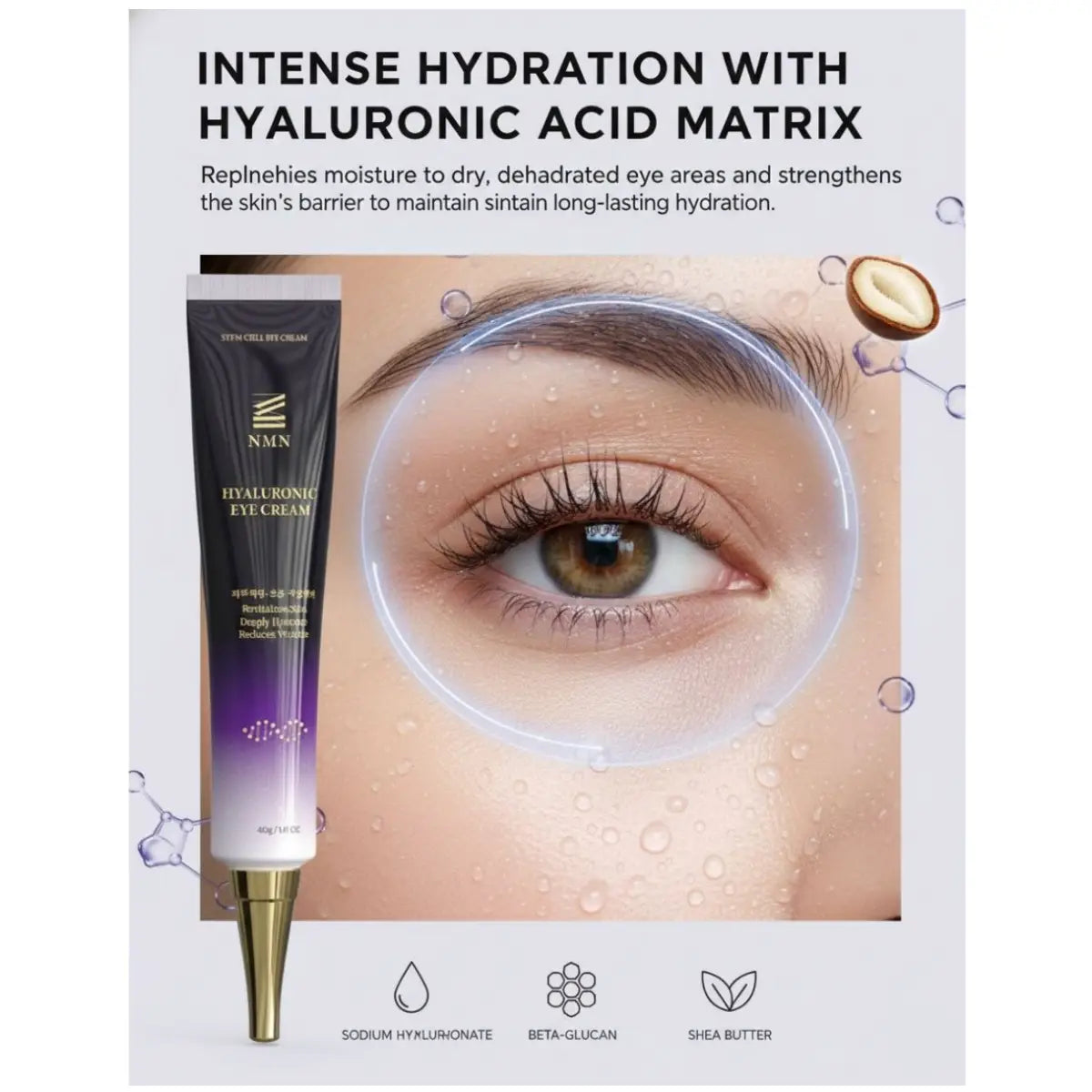 Eye cream packaging with a close-up of an eye, highlighting hydration benefits.