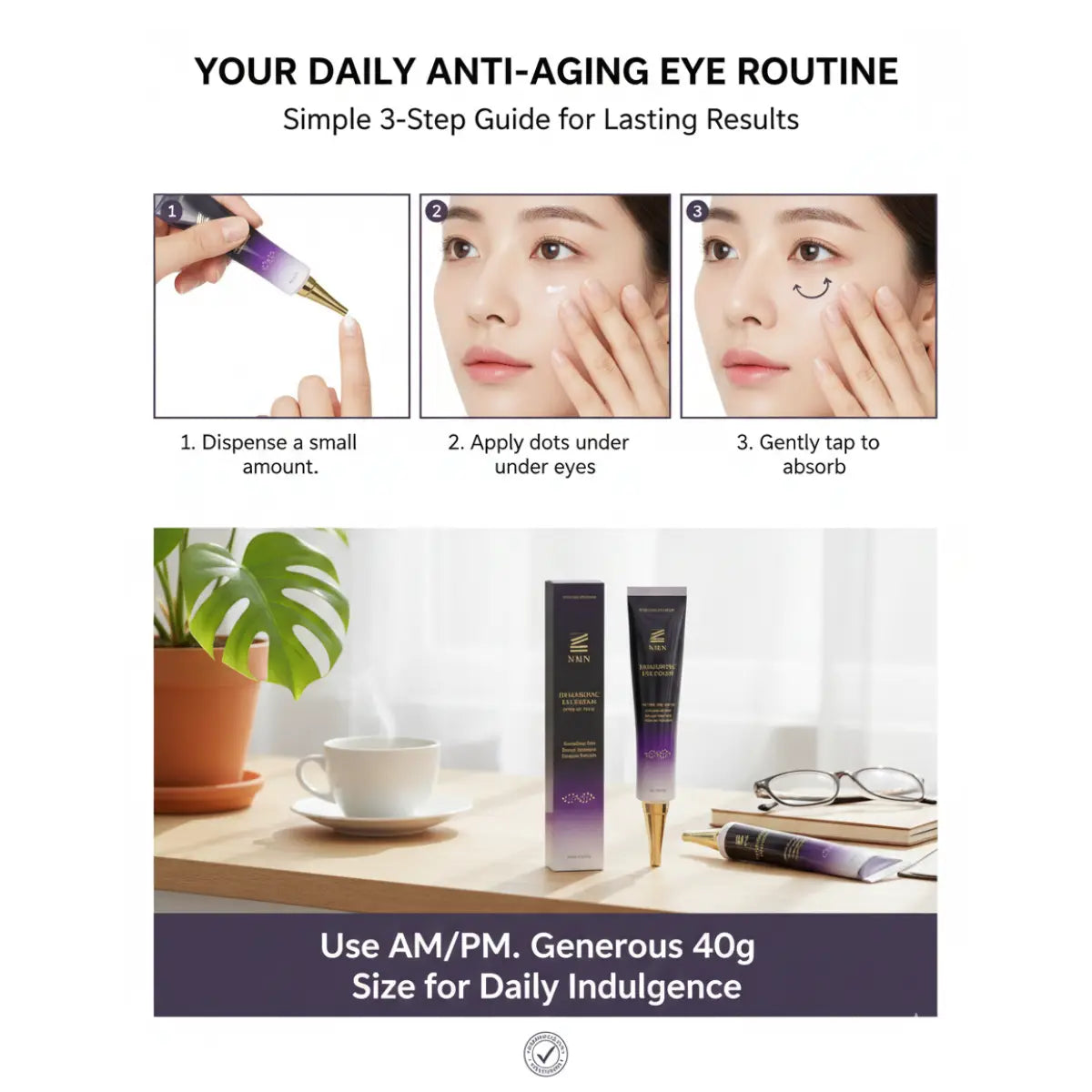 Step-by-step guide for an anti-aging eye routine with product usage instructions.