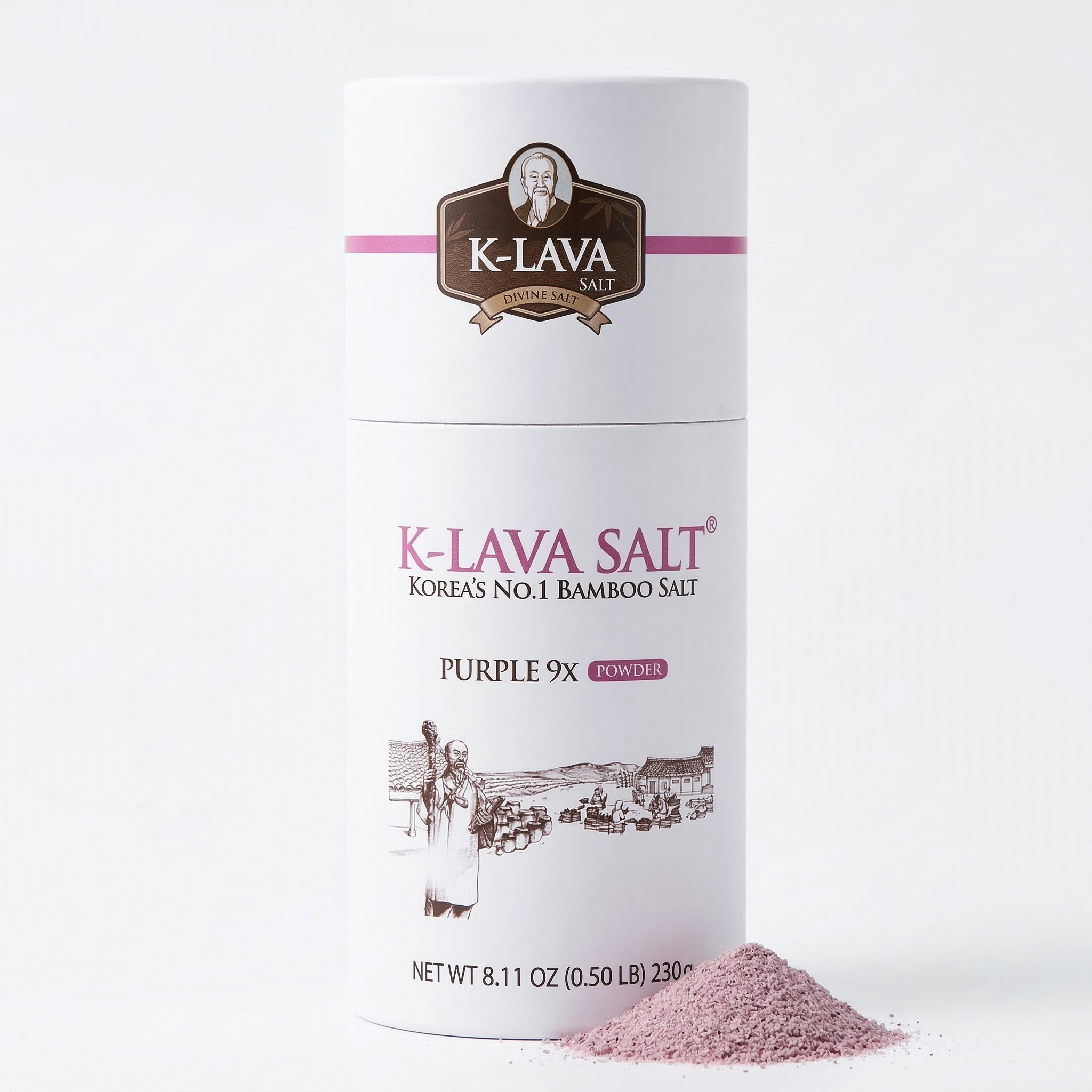 K-LAVA SALT Purple 9x Powder 패키지와 고운 보랏빛 자죽염 분말 (Premium Bamboo Salt packaging with fine purple powder)