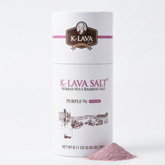 K-LAVA SALT Purple 9x Powder 패키지와 고운 보랏빛 자죽염 분말 (Premium Bamboo Salt packaging with fine purple powder)
