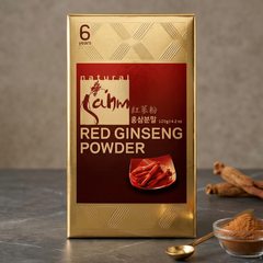 Premium Sahm 6-year-old Canadian Red Ginseng Powder 120g (4.2oz) gold box with powder bowl and dried ginseng roots.