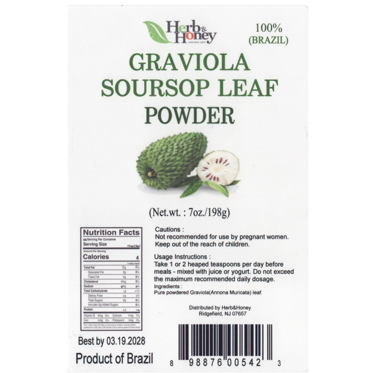 Pure Brazilian Graviola Soursop leaf powder in a 7oz container from Herb & Honey, shown in a natural setting with leaves and powder.