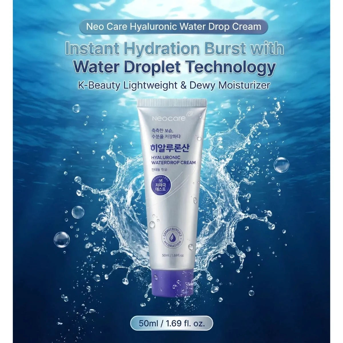 Neocare Hyaluronic Water Drop Cream tube with water droplet effects on a blue background