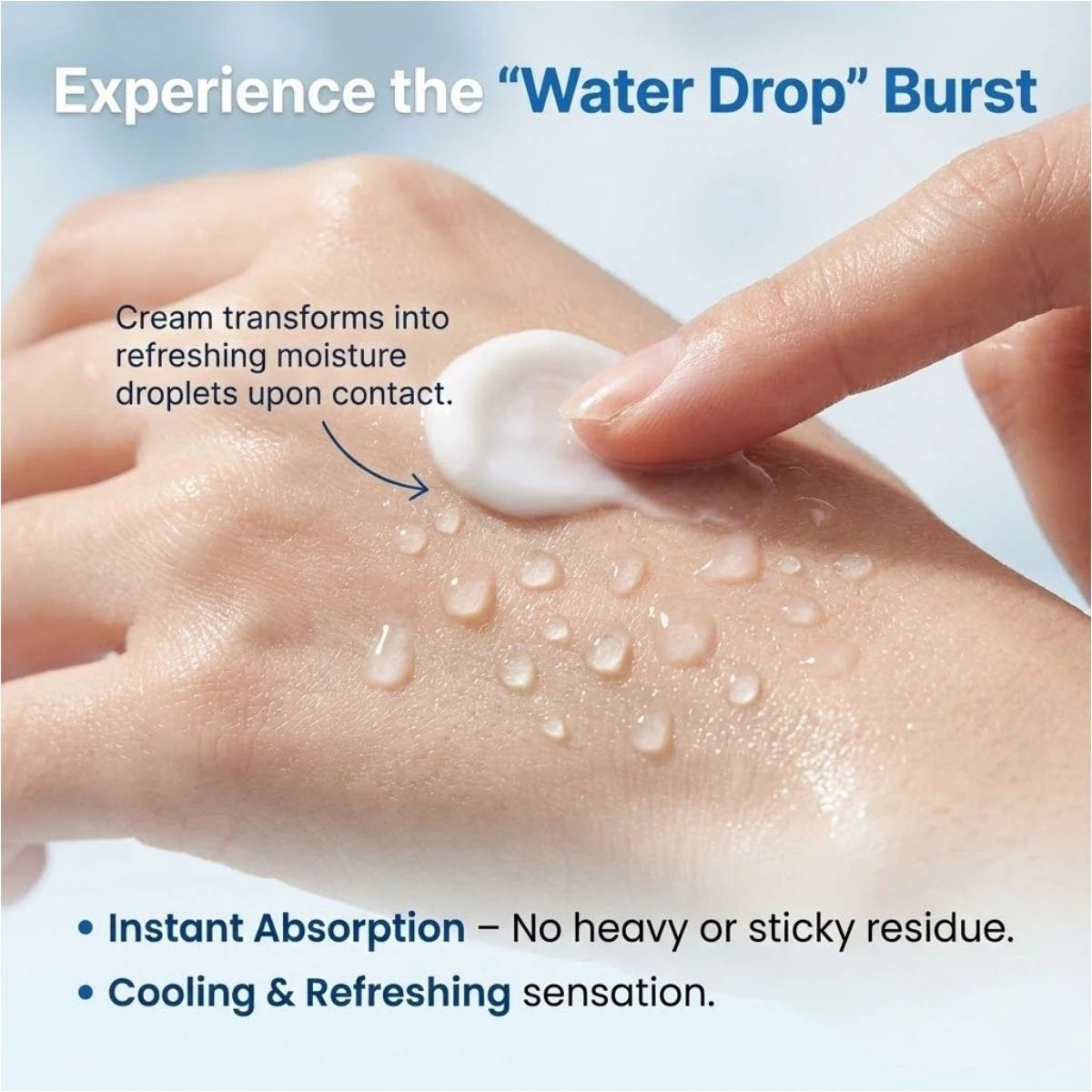 Hand applying cream with text describing its properties