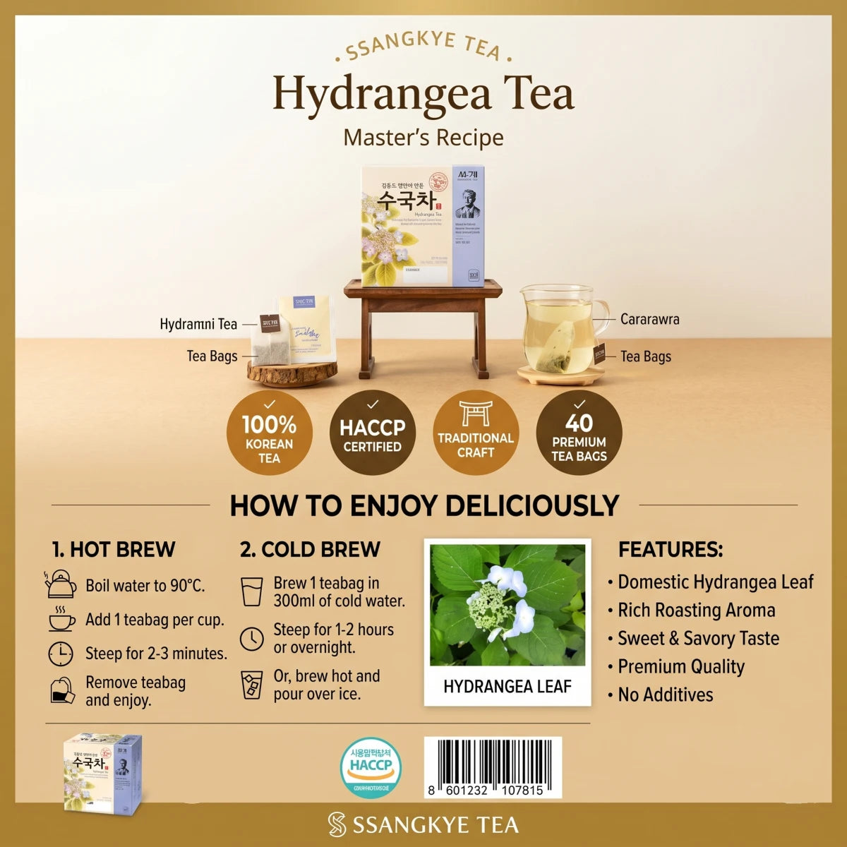 Ssanggye Hydrangea Tea - Caffeine-Free Sweet Comfort - 40 Tea Bags