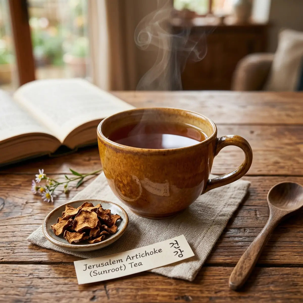 KOSBEE 한국산 돼지감자차(Korean Jerusalem Artichoke Tea) 4.23 oz, 구수한 풍미와 영양을 담은 프리미엄 볶은 돼지감자 원물 이미지.